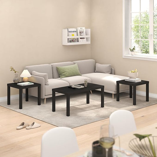 Furinno Classic Living Room Table Set of 3, Modern Rectangle Coffee Table with 2 Square Side Tables, End Tables, 1.8 Inch Thick Tabletop for Living Room, Home Office, Black