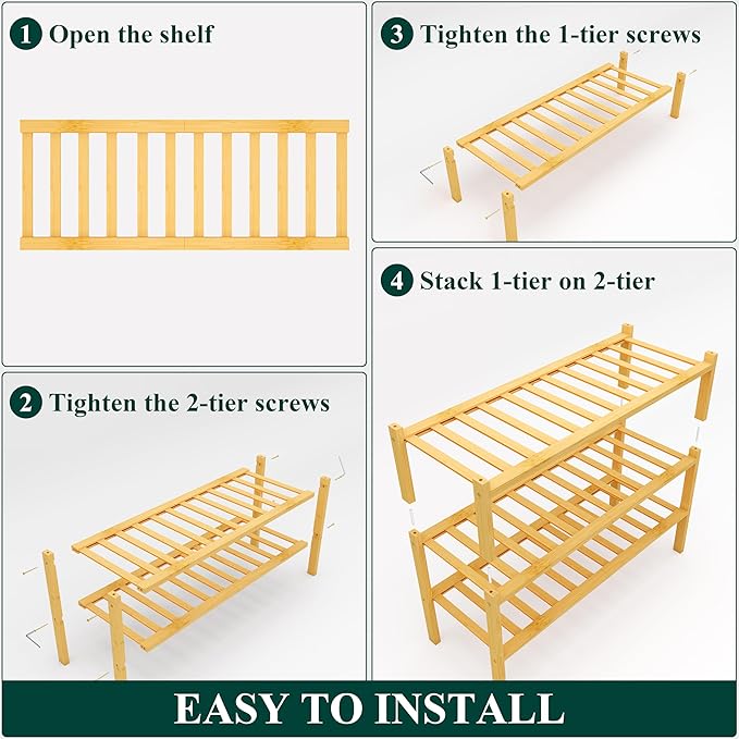Smiry Bamboo Shoe Rack, 3 Tier Free Standing Wooden Shoe Organizer, Stackable Wood Shoe Storage Shelf for Closet, Entryway, 14 Vertical Slats, 2+1 Stack Heavy-Duty Legs, 26.8"x11"x19.5", Natural