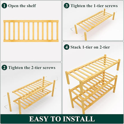 Smiry Bamboo Shoe Rack, 3 Tier Free Standing Wooden Shoe Organizer, Stackable Wood Shoe Storage Shelf for Closet, Entryway, 14 Vertical Slats, 2+1 Stack Heavy-Duty Legs, 26.8"x11"x19.5", Natural