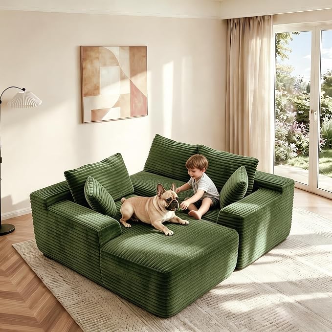 JINGLING 94" L Shape Couch with Left Chaise, Memory Foam Boneless Sectional Sofa in a Box, No Assembly Modular Small Couches for Small Spaces, Living Room, Apartments, Plush Corduroy, Green