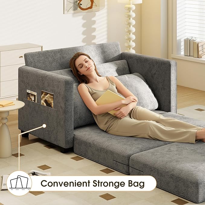 Myroyalsit 51" Convertible Sofa Bed, 2 in1 Folding Sofa Bed, Loveseat Sleeper Sofa for Small Spaces, Fold Out Floor Couch with 2 Pillows for Apartment, Living Room & Guest Room, Grey Chenille Fabric