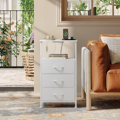 Somdot Nightstands Set of 2,Bedside Tables with Charging Station and LED Lights,Night Stand with 3 Fabric Drawers, End Tables with Open Shelf for Small Spaces Bedroom Entryway Hallway, White Leather
