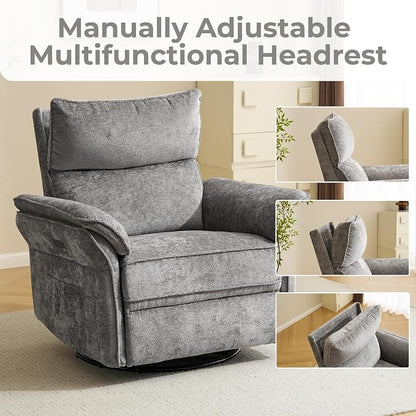 Oversized Power Recliner Chair Swivel Glider with Massage and Heat, Rocker Nursery Recliner for Adults with Adjustable Headrest, 26" Extra Wide Nursery Chair with Overstuffed Armrest, Dark Grey