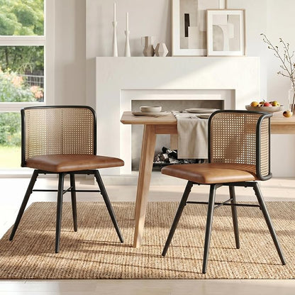 TYBOATLE Farmhouse Rattan Dining Chairs Set of 2 (Brown) | Boho, Natural Cane Woven Back, Faux Leather Seat, Metal Legs, Upholstered, Kitchen, Dining Room