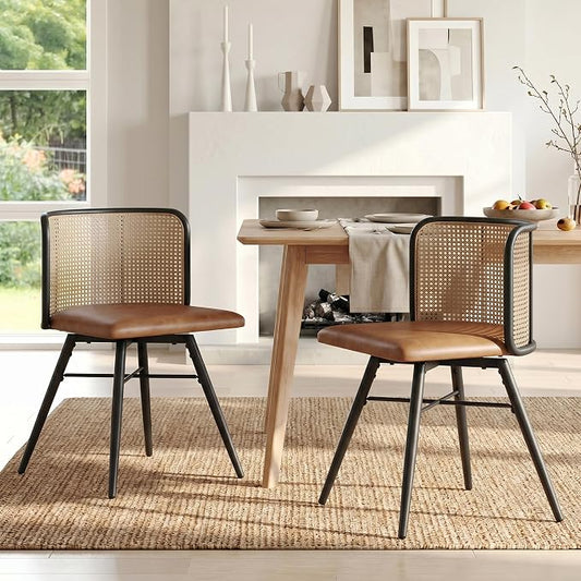 TYBOATLE Farmhouse Rattan Dining Chairs Set of 2 (Brown) | Boho, Natural Cane Woven Back, Faux Leather Seat, Metal Legs, Upholstered, Kitchen, Dining Room