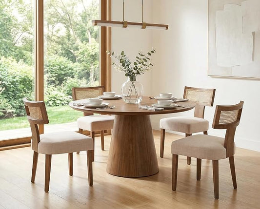 RIVOVA Rattan Dining Chairs Set of 4, Mid Century Modern Dining Chair Upholstered Linen Fabric Kitchen Side Chair, Modern Kitchen Armless Solid Wood Dining Chairs, Beige