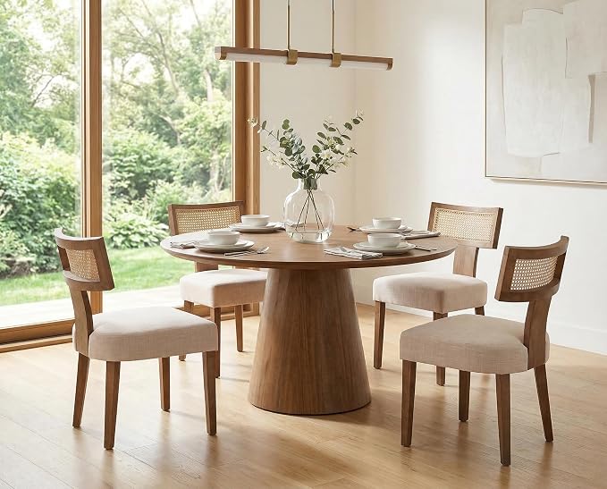 RIVOVA Rattan Dining Chairs Set of 2, Modern Dining Chairs, Kitchen Dining Room Chair, Curved Cane Back Upholstered Linen Fabric Dining Chair with Wood Frame, Beige