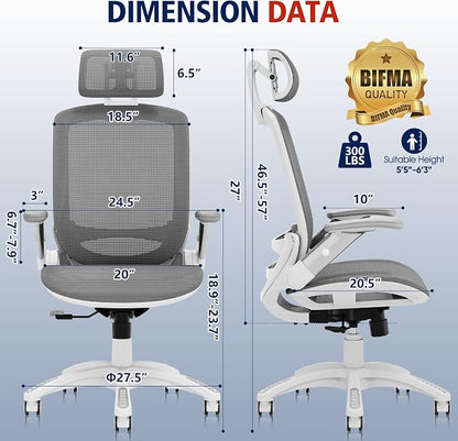 GABRYLLY Ergonomic Office Chair, High Back Home Desk Chair with Headrest, Flip-Up Arms, 90-120° Tilt Lock and Wide Cushion, 300LBS Mesh Chairs for Man Woman, White Task Chair(Dark Grey,GY01WDG)
