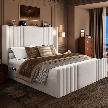 Queen Bed Frame with 55.1" Tall Headboard, Velvet Upholstered Platform Bed with Channel Tufted Wingback, 2 Reading Lights/Storage Shelf/Charging Station/Easy Assembly/Noise-Free, Cream