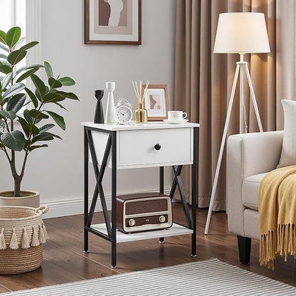 VECELO Nightstand,Modern Bedside End Table, Night Stand with Drawer and Storage Shelf for Living Room Bedroom, Industrial Metal Frame