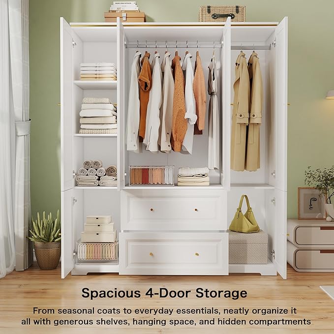 Armoire Wardrobe Closet with Drawers: Large White Wardrobe Closet with 4 Doors and 2 Drawers, Wooden Bedroom Armoires Storage Cabinet with Hanging Rod and Shelves (59")