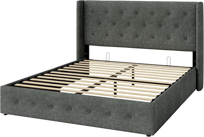 Allewie Queen Size Lift Up Storage Bed, Button Tufted Headboard with Wingback, Hydraulic Support, No Box Spring Needed, Dark Grey