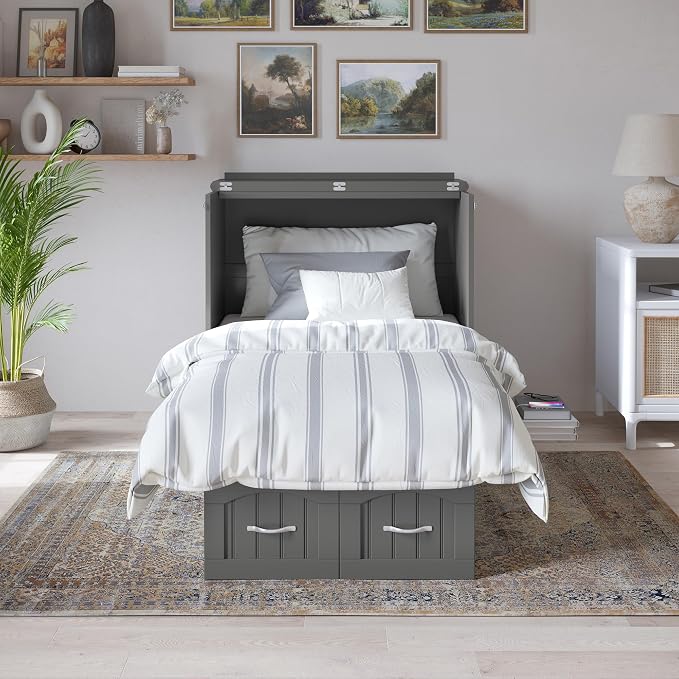 AFI, Nantucket Twin Murphy Bed Chest with Mattress, Storage Drawer and Built-In USB Charger, Grey