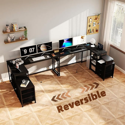 YOSHOOT 55" L Shaped Computer Desk with 3 Fabric Drawers, Gaming Desk | Office Desk with Power Outlets & Open Shelves, Corner Desk L Shape for Home Office Work Study, Black