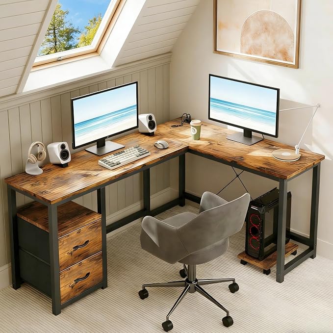 Gizoon 66 Inch L Shaped Home Office Desk with Power Outlets, Reversible Corner Computer Gaming Table with Large Drawers & CPU Stand, Rustic Brown