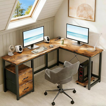 Gizoon 66 Inch L Shaped Home Office Desk with Power Outlets, Reversible Corner Computer Gaming Table with Large Drawers & CPU Stand, Rustic Brown