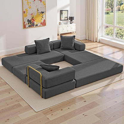 ivoros 108" Oversized Convertible Sleeper Sofa Bed, Corduroy L Shape Sectional Couch, Folding Sofa Bed with Fixed-Shape Frame, Modern Cloud Floor Mattress Couch, Modular Sofa for Living Room,Grey