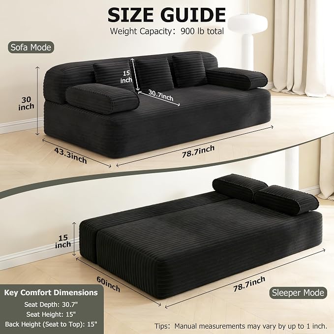 Convertible Sofa Bed, 78.7" Frameless Floor Sofa-in-a-Box, Corduroy Boneless Couch for Small Space Apartments, Queen Sleeper Sofa for Everyday Use, 3 Pillows Included, No Assembly (Black)