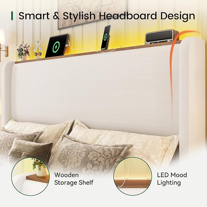 LARMACE Queen Size Bed Frame with LED Lights and Charging Station Linen Upholstered Platform Bed Frame with 51.2" Tall Headboard Wingback and Storage Shelf, No Box Spring Needed, Noise Free, Beige