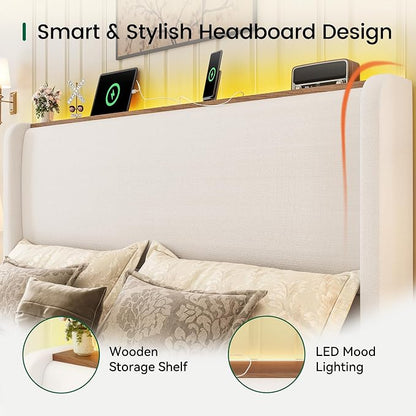 LARMACE Queen Size Bed Frame with LED Lights and Charging Station Linen Upholstered Platform Bed Frame with 51.2" Tall Headboard Wingback and Storage Shelf, No Box Spring Needed, Noise Free, Beige
