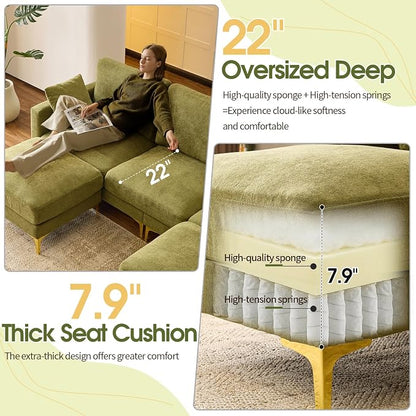 VINGLI 100" W U Shaped Couch with Ottoman, 22" Deep Seat Comfortable Sectional Couches for Living Room, 3 Seater Chenille Fabric Cloud Sofa for Apartment, Small Spaces, Bedroom, Green