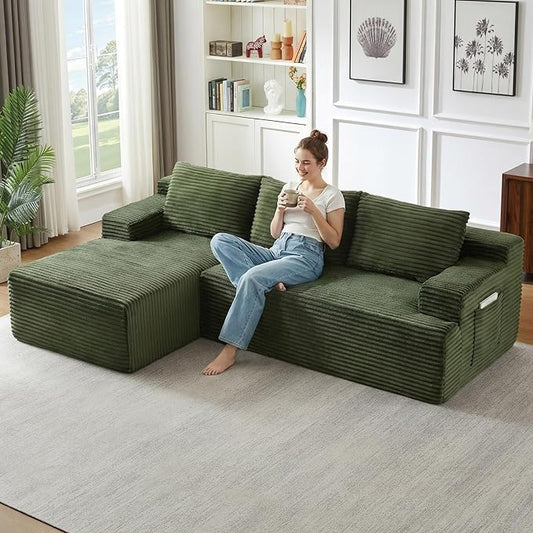 96" Cloud Sectional Couch with L-Shape Chaise, Modular Comfy Sofa Chaise Longue, Upholstered Corduroy Couches Sleeper with Deep Seat for Living Room Bedroom, No Assembly Required(Green, Left Facing)