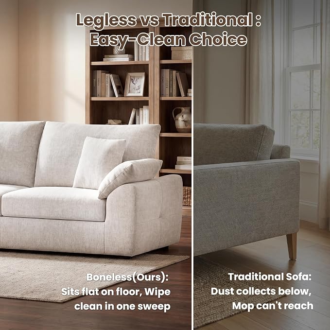 90" Boneless Loveseat Sofa, Polyester Fabric 2-Seater Couch with 4 Pillows, No Assembly Required, Soft High Density Foam Cushion, Rectangular Track Arm Sofa for Living Room Bedroom Apartment (Beige)