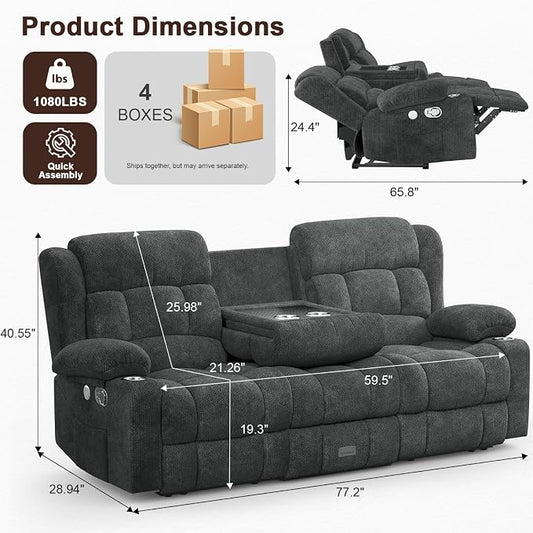 Loveseat Recliner Sofa, 3 Seater Minimalist Style Reclining Loveseat with Flip Back Console, USB Charge Ports, Cup Holders, Recliner Love Seat Couches for Living Room, RV, Gray
