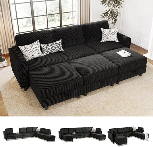 KKL Modular 6 Seater Sleeper Sofa Bed Sofa - 83 Inch Couch with Storage Ottoman, Convertible L/U-Shaped Sleeper Couch for Living Room, Modern Reversible Design, Black