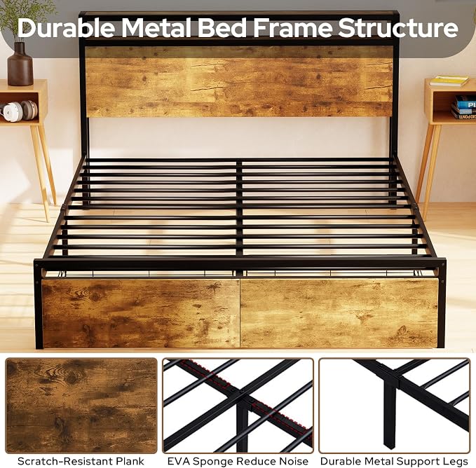 Zevemomo Full Bed Frame with Storage Drawers, Bed Frame Full Size with Headboard, LED Light, Charging Station with 3 USB Ports & 1 Type-C Port, Noiseless, Rustic Brown