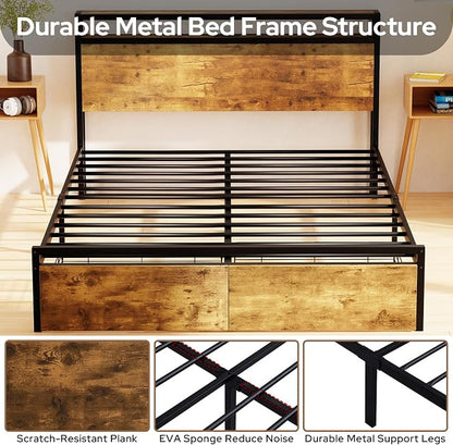 Zevemomo Full Bed Frame with Drawers, Bed Frame Full with LED Lights, Charging Station with 3 USB Ports & 1 Type-C Port, Full Platform Bed Frame with Headboard, No Noise, Rustic Brown