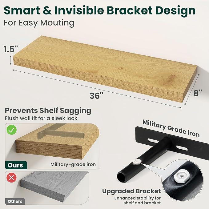Floating Shelves for Wall, 36 Inch x 8 Inch Deep Wall Mounted Wood Shelf with Invisible Brackets for Storage & Display, Living Room Bedroom Kitchen, Oak, Set of 2