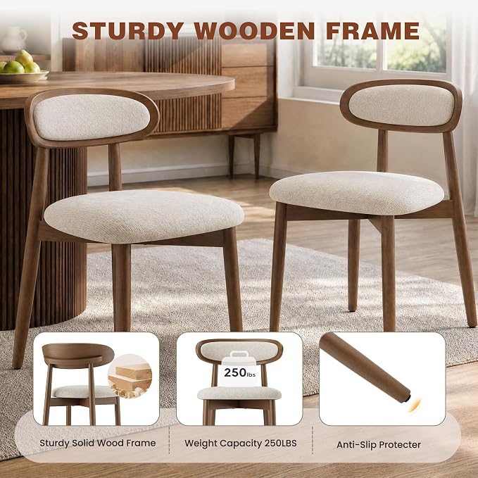 Wooden Dining Chairs Set of 4, Modern Fabric Upholstered Dining Room Chair, Kitchen Side Chairs, Farmhouse Dinner Chair with Curved Back for Kitchen, Beige