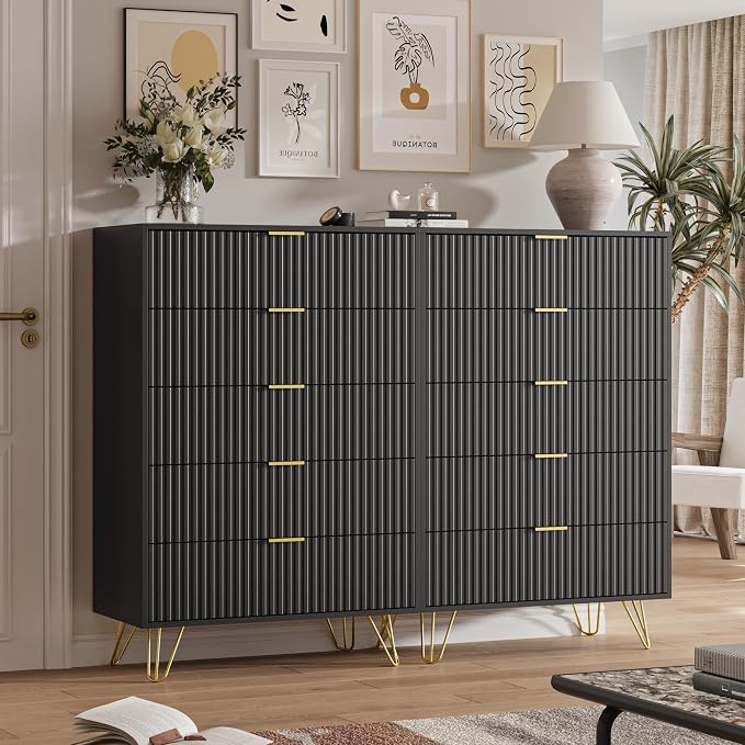 MAISONARIA 5 Drawers Dresser for Bedroom, 47" Tall Modern Chest of Drawers with Gold Handle, Fluted Wood Dresser for Bedroom, Living Room, Hallway, Entryway, Black