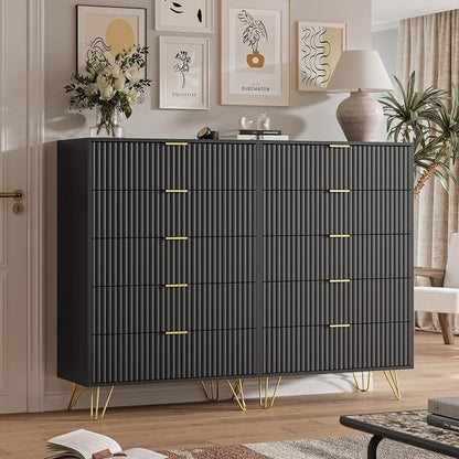 MAISONARIA 5 Drawers Dresser for Bedroom, 47" Tall Modern Chest of Drawers with Gold Handle, Fluted Wood Dresser for Bedroom, Living Room, Hallway, Entryway, Black