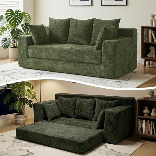 Boneless Couches 70", 3 Seater Boneless Couch with Pull Out Sofa Bed, Boneless Couch Bed with 5 Pillows Green, Plush Velvet Sofa for Living Room & Bedroom