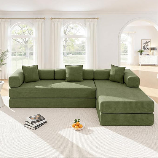 ivoros 108" Oversized Convertible Sleeper Sofa Bed, Corduroy L Shape Sectional Couch, Folding Sofa Bed with Fixed-Shape Frame, Modern Cloud Floor Mattress Couch, Modular Sofa for Living Room, Green