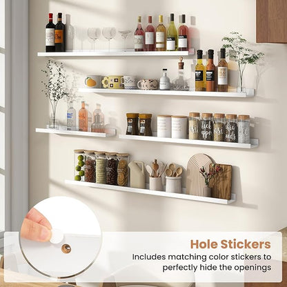 Fun Memories Picture Ledge Shelves Set of 4, 32 Inch Rustic Wall Mounted Floating Shelves with Lip for Home Storage and Décor in Bathroom, Kitchen, Nursery, Bedroom, Living Room, White