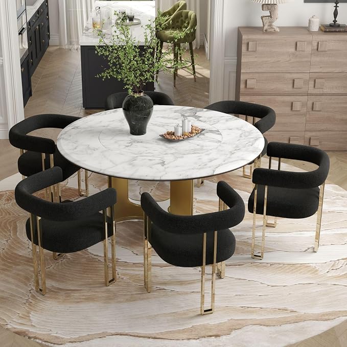 Hyfirm Set of 2 Modern Black Boucle Dining Chairs with Gold Metal Legs, Mid Century Accent Upholstered Barrel Armchairs with Open-Back for Kitchen, Dining Room, Living Room, Apartment