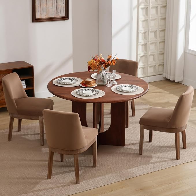 RIVOVA Upholstered Dining Chairs Set of 6, Modern Wooden Dining Room Chair Linen Fabric Kitchen Chairs Farmhouse Dinner Chair with Hardwood Frame, Khaki