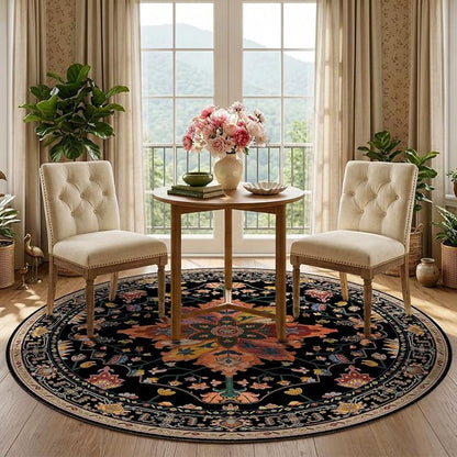 RELEANY Area Rugs Round 5ft Washable Non-Slip, Floral Vintage Distress Medallion Carpet for Living Room Bedroom Dining Room, Black Colorful Floral Dark Tan