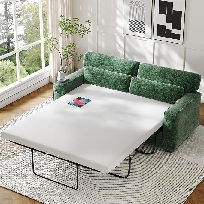 Marsail Pull Out Sofa Bed, Queen Size Sleeper Sofa with Memory Foam Mattress, 2-in-1 Convertible Chenille Couch Bed with 2 USB Charging and Removable Covers, Loveseat for Living Room, Apartment, Green