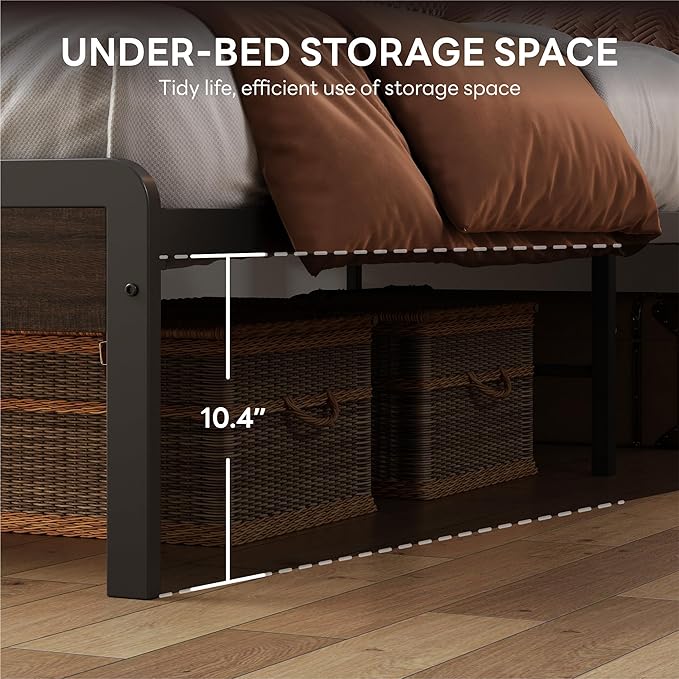 LIKIMIO King Bed Frame with Headboard, Dark Wood Camas King with Strong Supports, Sturdy, Noise-Free, No Box Spring Needed, Dark Brown