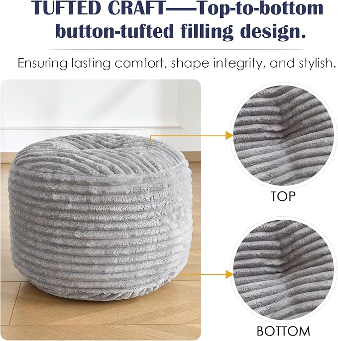 Round Ottoman,Corduroy Pouf Ottoman Foot Rest,Light Grey,18x14 IN | Storage Footstool for Living Room,18x14 Soft Floor Poufs,Memory Foam Filling,Footrest only