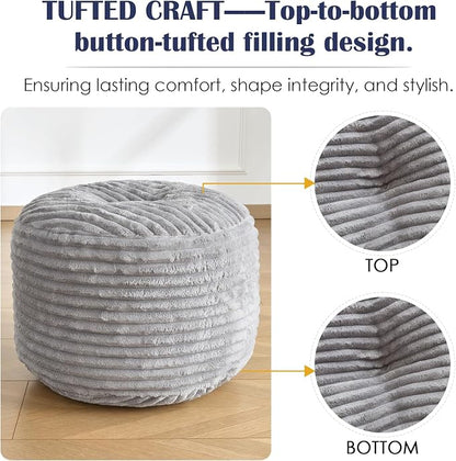 Round Ottoman,Corduroy Pouf Ottoman Foot Rest,Light Grey,18x14 IN | Storage Footstool for Living Room,18x14 Soft Floor Poufs,Memory Foam Filling,Footrest only