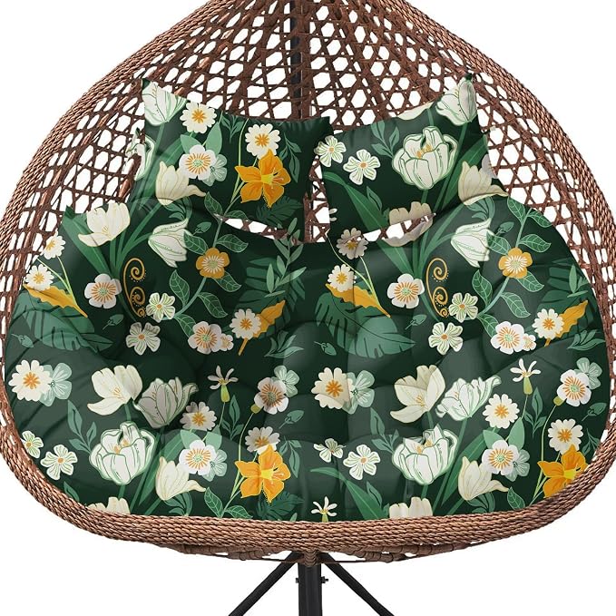 Double Egg Chair Cushion Replacement Waterproof for Outdoor Patio Hanging Basket Egg Chairs, 59x43-Inch Thickened 100% Cotton Large Double Eggs Swing Chair Cushions, Green Peony