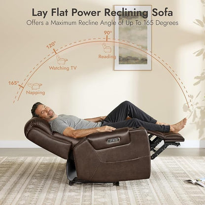 Watson & Whitely Genuine Leather Power Reclining Sofa, 3-Seater Lay Flat Recliner Sofa with Power Headrest, Cup Holders, USB & Type-C Ports, Electric Reclining Couch for Living Room, Dark Brown