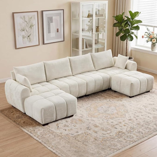 143" Oversized U Shaped Cloud Modular Sectional Sofa, Modern Chenille Upholstered 6 Seater Couch with 2 Removable Ottomans, Tufted Deep Seat & Wood Legs, Large Beige Sectional Couches for Living Room