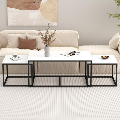 Nesting Coffee Tables,3 Piece Living Room Coffee Table,Industrial Rectangular Coffee Table Set,End Table Side Tables for Living Room Bedroom(White)