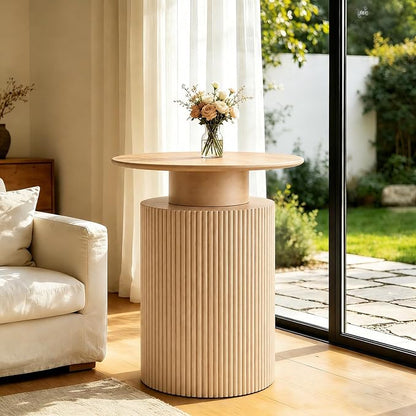24" Fluted End Table Reversible, Hidden Storage, Natural Oak | Mid Century Modern Nightstand, Bedside Table, Cylinder Side Table, Pre-Threaded MDF, for Bedroom Living Room Office